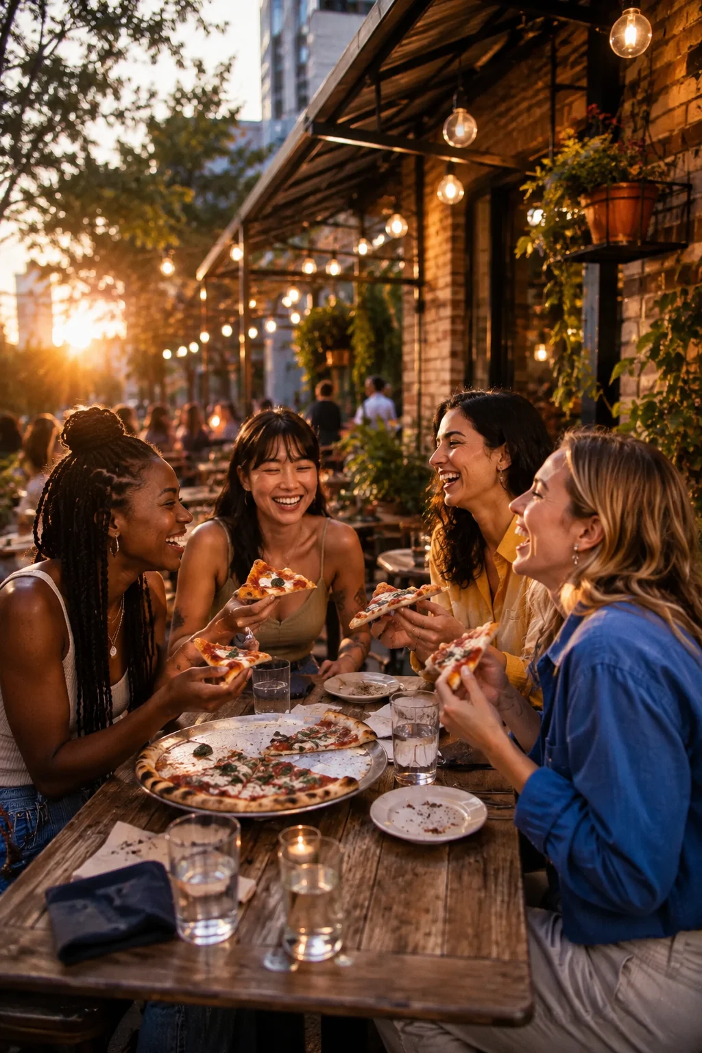 Four friends sharing pizza together at a neighborhood restaurant.