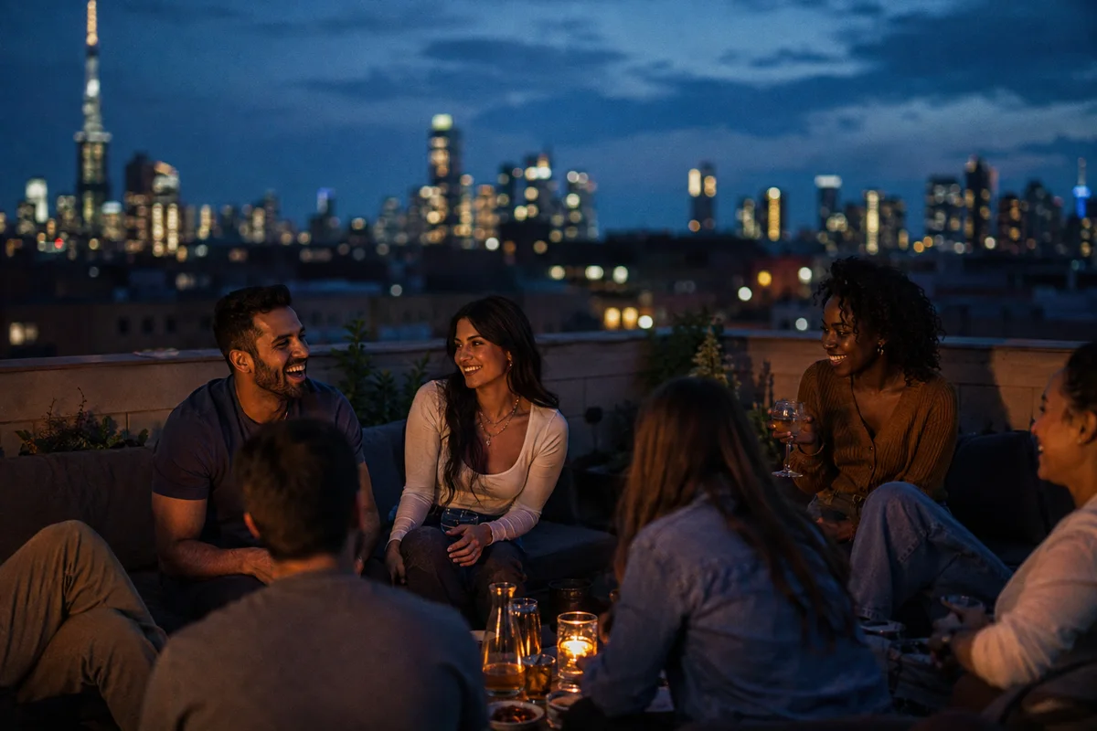 A group of friends enjoying a rooftop evening